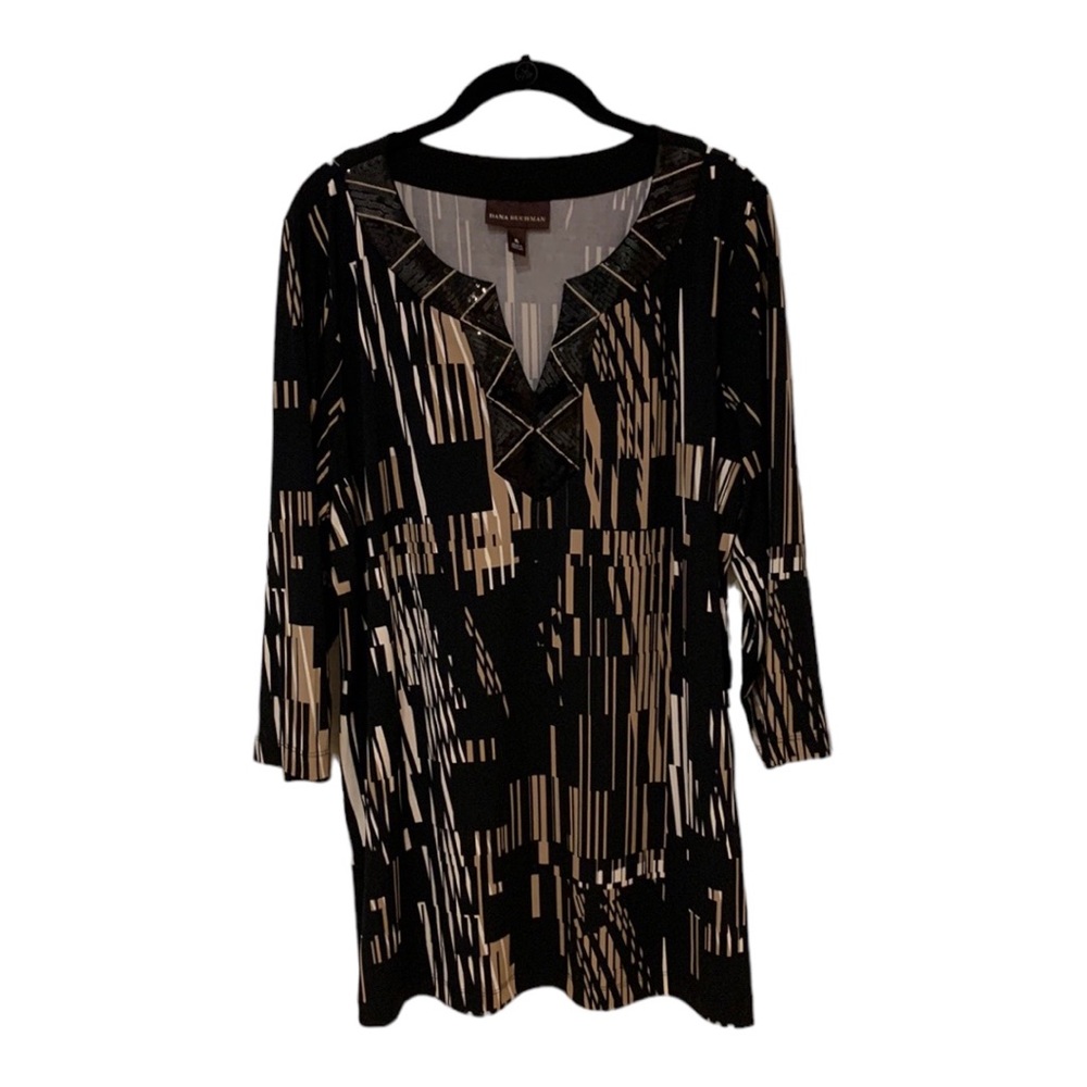 Dana Buchman Black Abstract Tunic Dress Neck Sequins Sz XL